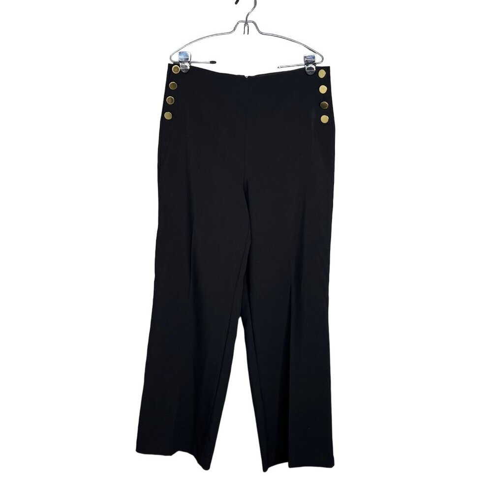 House of Harlow Black Wide Leg Trousers High Rise Gold Side Button 12